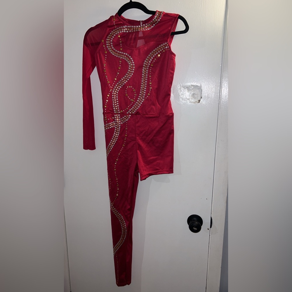 Weissman red asymmetrical dance unitard with rhinestone embellishments
